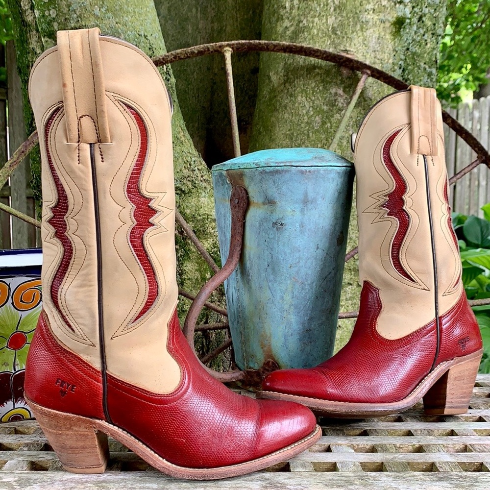 FRYE Vintage Red Lizard Leather Heeled Western Cowboy Boots—Made in USA, Size 7 - Picture 10 of 12